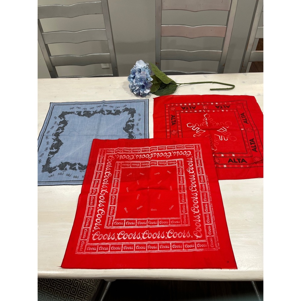 Vintage Bandanas Lot of 3 Ski Alta Coors Beer Novelty Print Square‎ Scarf